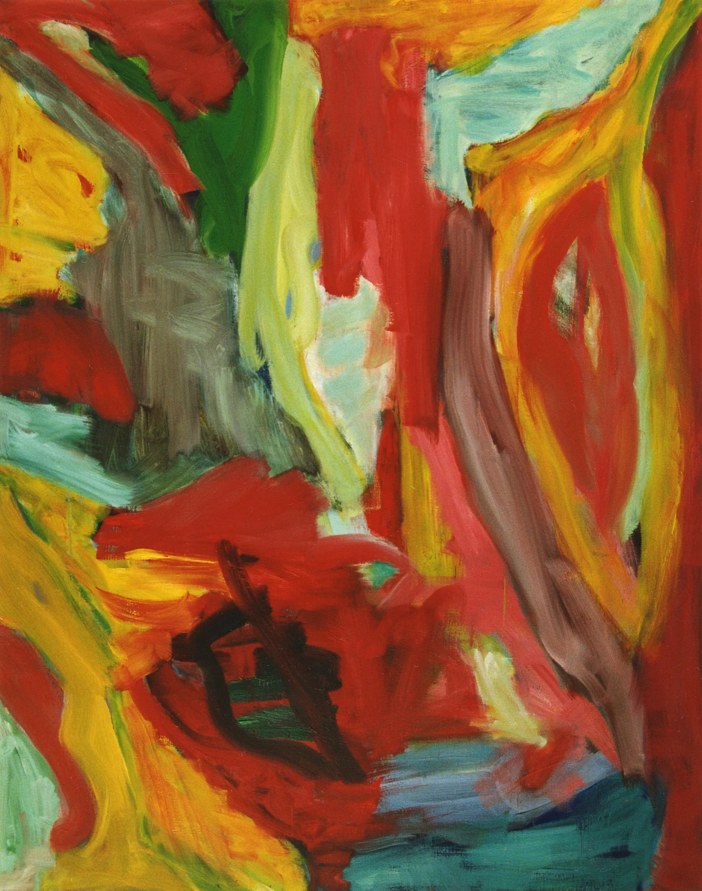 Fons Heijnsbroek 的现代抽象油画 Reds and Yellows，流动的红黄绿色笔触